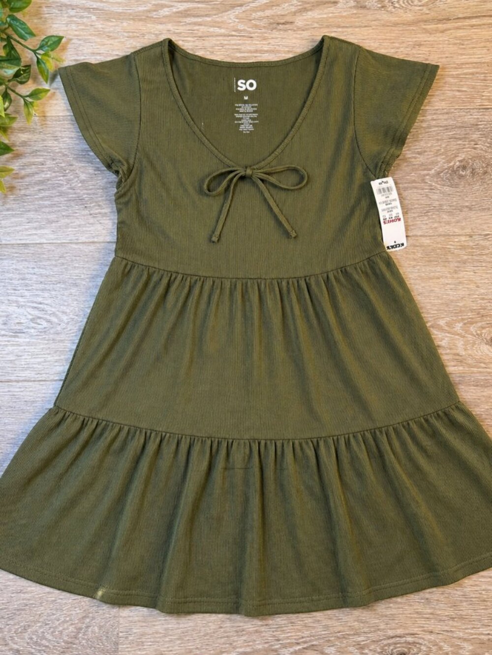 NWT SO Womens Medium Olive Green Tiered Mini Dress Ribbed Tie Front Boho Y2K - Picture 2 of 7